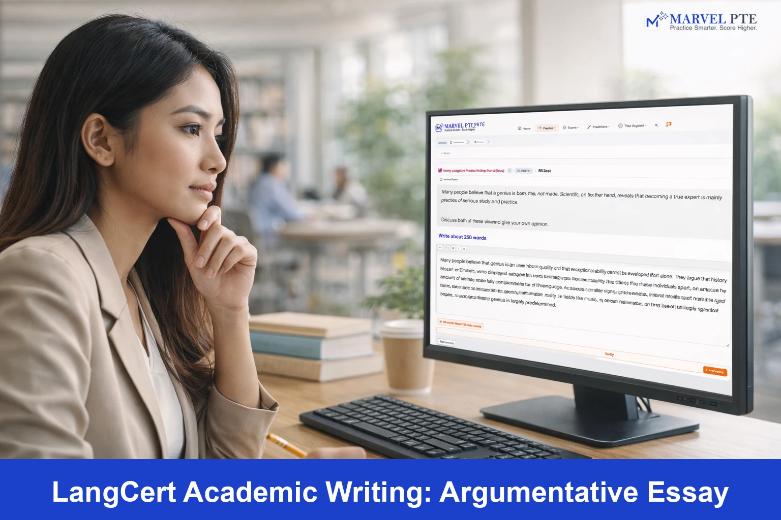 Student writing an argumentative essay for LanguageCert Writing Part 2