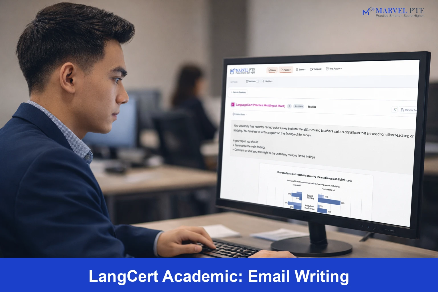 LanguageCert Writing Part 1 infographic report task interface